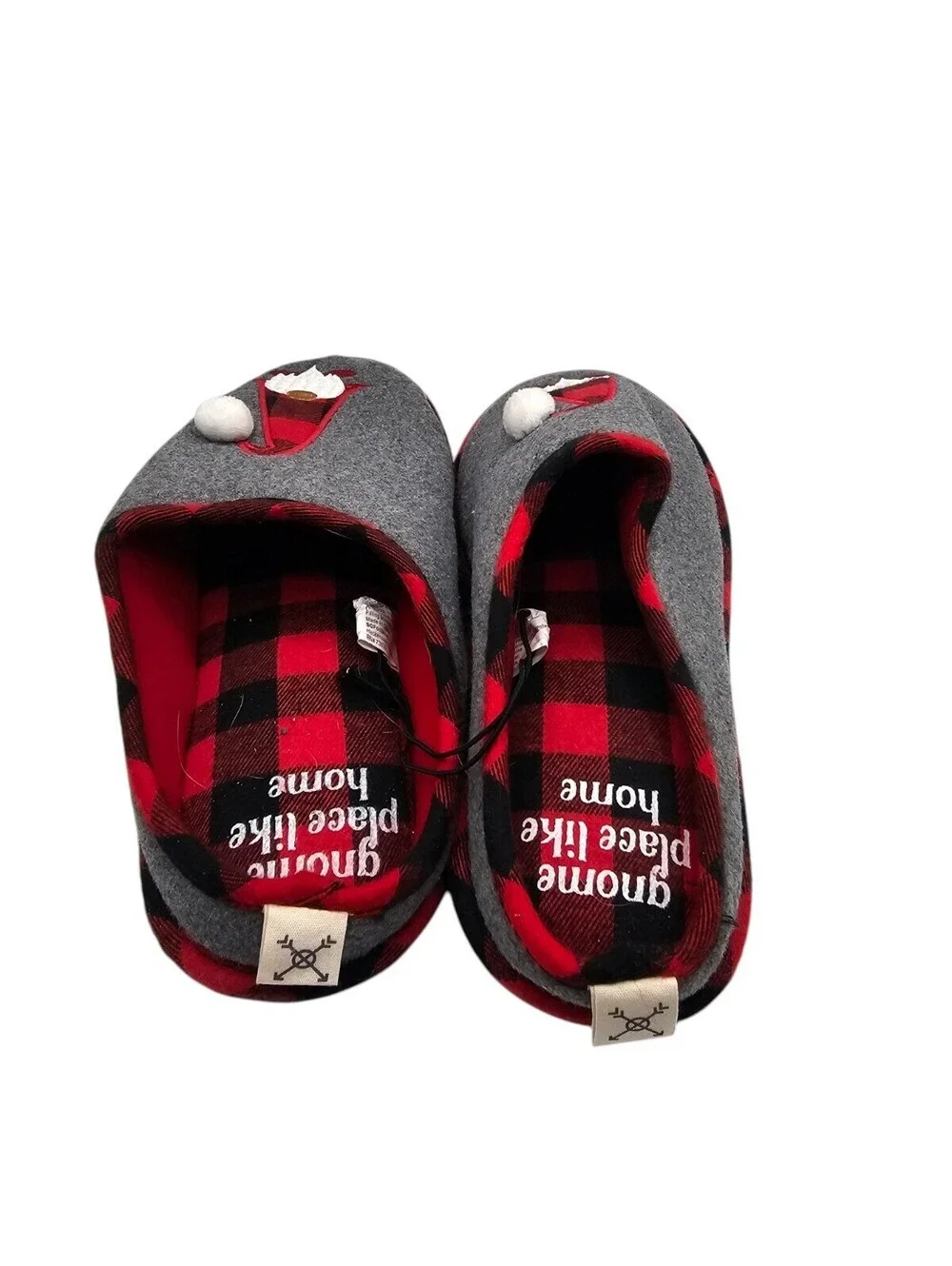 Dakota Fleece Gnome Holiday Slippers in grey with a red plaid Mens Sz L NEW